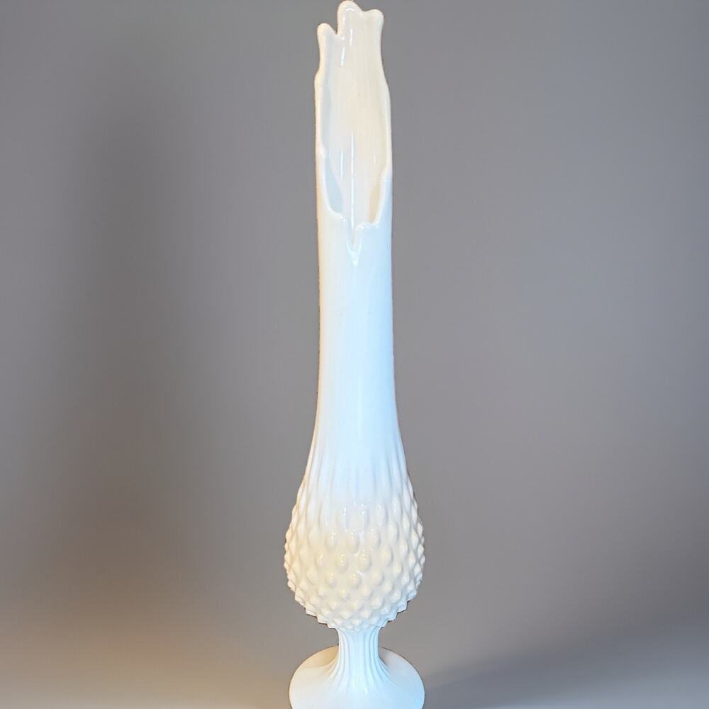 FENTON White Hobnail Milk Glass Swung Pedestal Vase 16” Vintage 9 Finger MCM